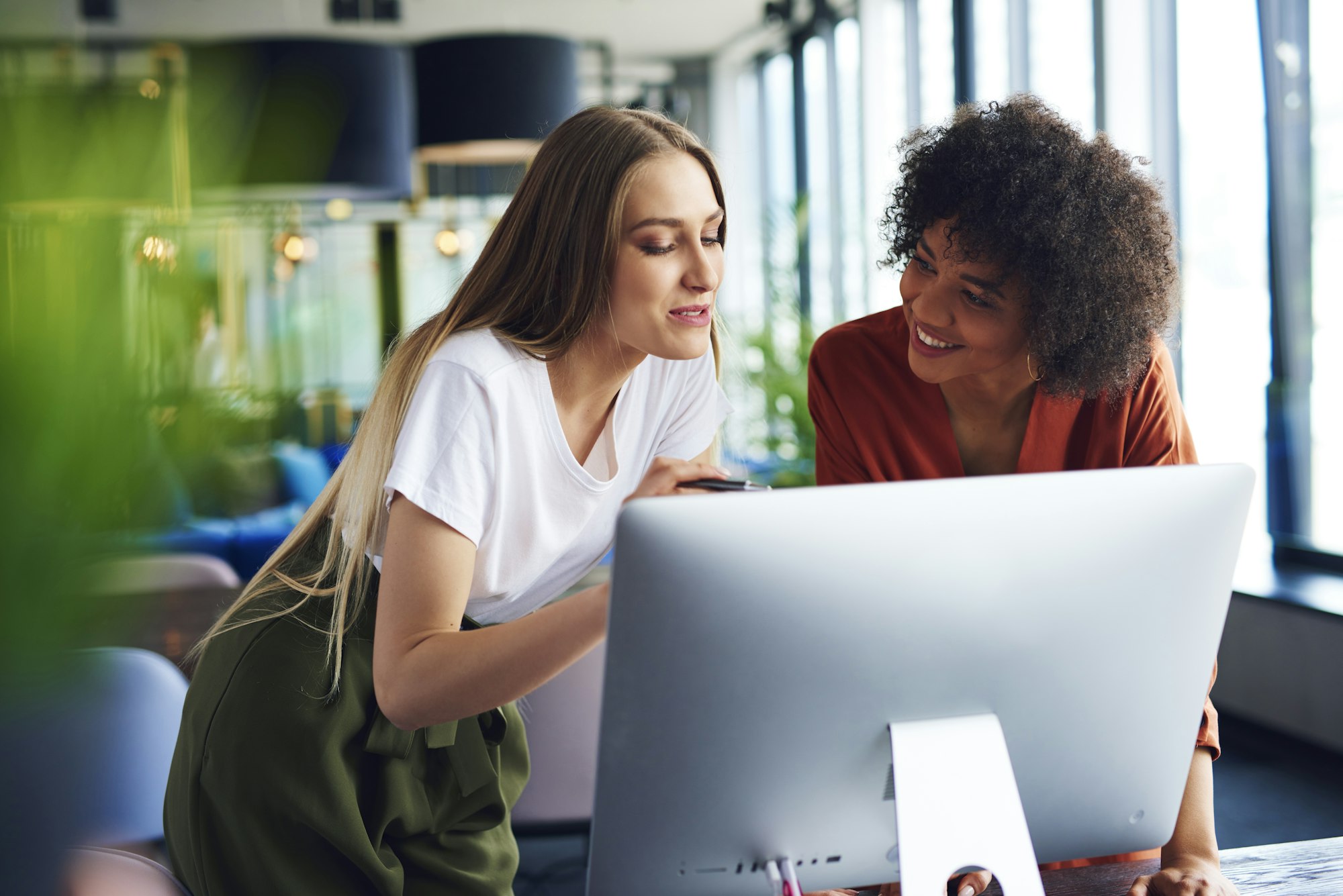 Businesswoman listening attentively coworker speech